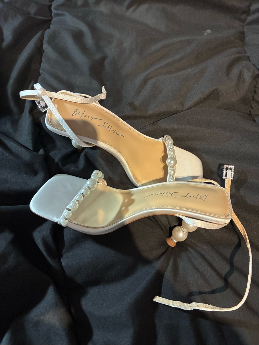 Betsey Johnson Ivory Pearl-Strap Open-Toe Kitten Heels
